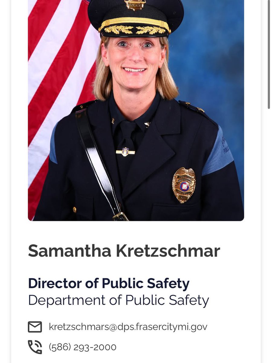 landpalestine's tweet photo. Samantha Kretzschmar mother of Scott Kretzschmar,  one of the Cornell university 7 rapists currently serves as the Director of Public Safety with the Fraser City, Michigan government 

Well she did a bad job bringing up a rapist

Just throwing it out there in case you’d like to leave some notes or phone calls