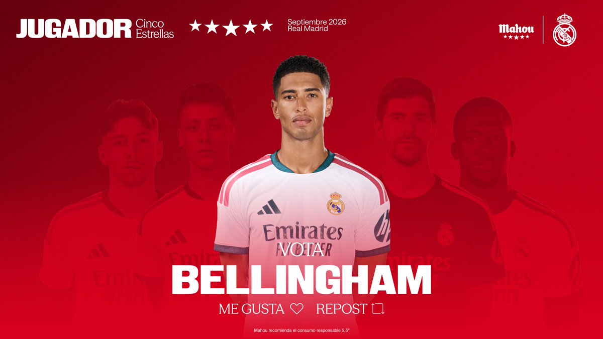 futbolmahou's tweet photo. @realmadrid @fedeevalverde @10ardaguler @thibautcourtois RT o ♥ si @BellinghamJude ha sido el #JugadorCincoEstrellas del @realmadrid en septiembre. (4/5) https://t.co/n2zztbWSbb
