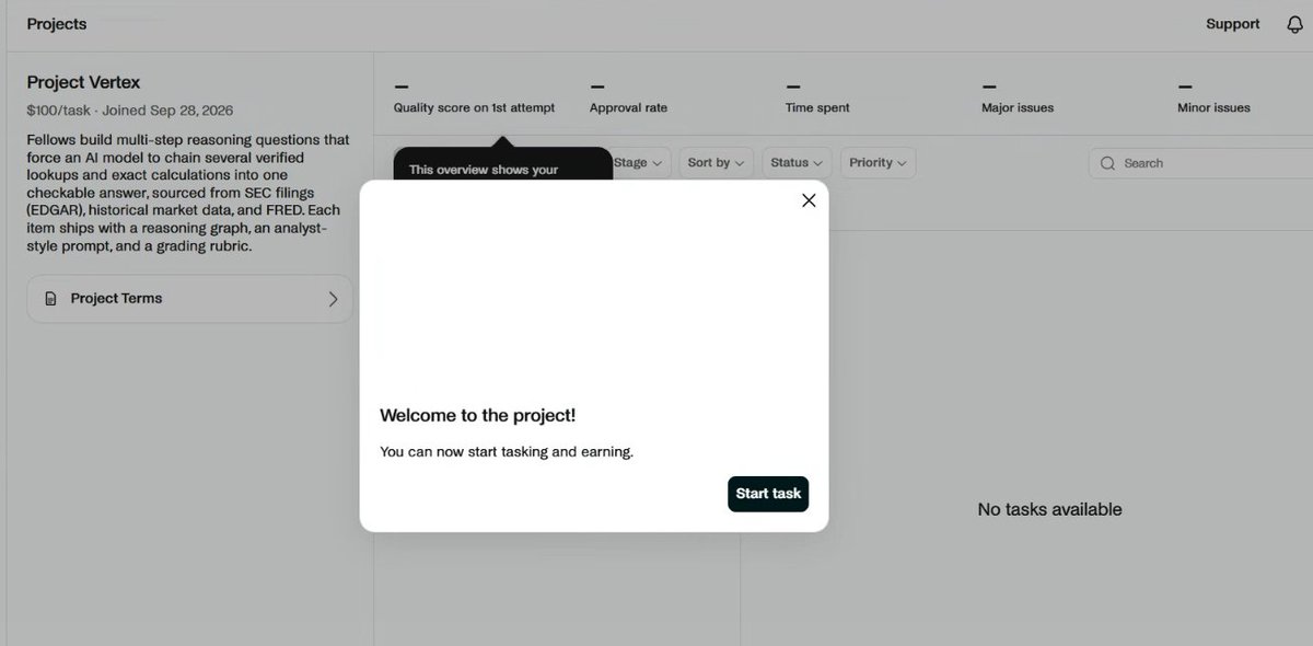 BagChaserXJ's tweet photo. NEW PROJECT ON HANDSHAKE 👀🔥

Project Vertex — $100/task.

This assessment was definitely a bit stressful, but we got through it and passed regardless. ✅

Now the important part:

Tasking is commencing soon. 🫡

Another interesting project added to the Handshake lineup, and at $100 per task, this one is definitely worth paying attention to.

If you have Project Vertex on your account, my DM is open.