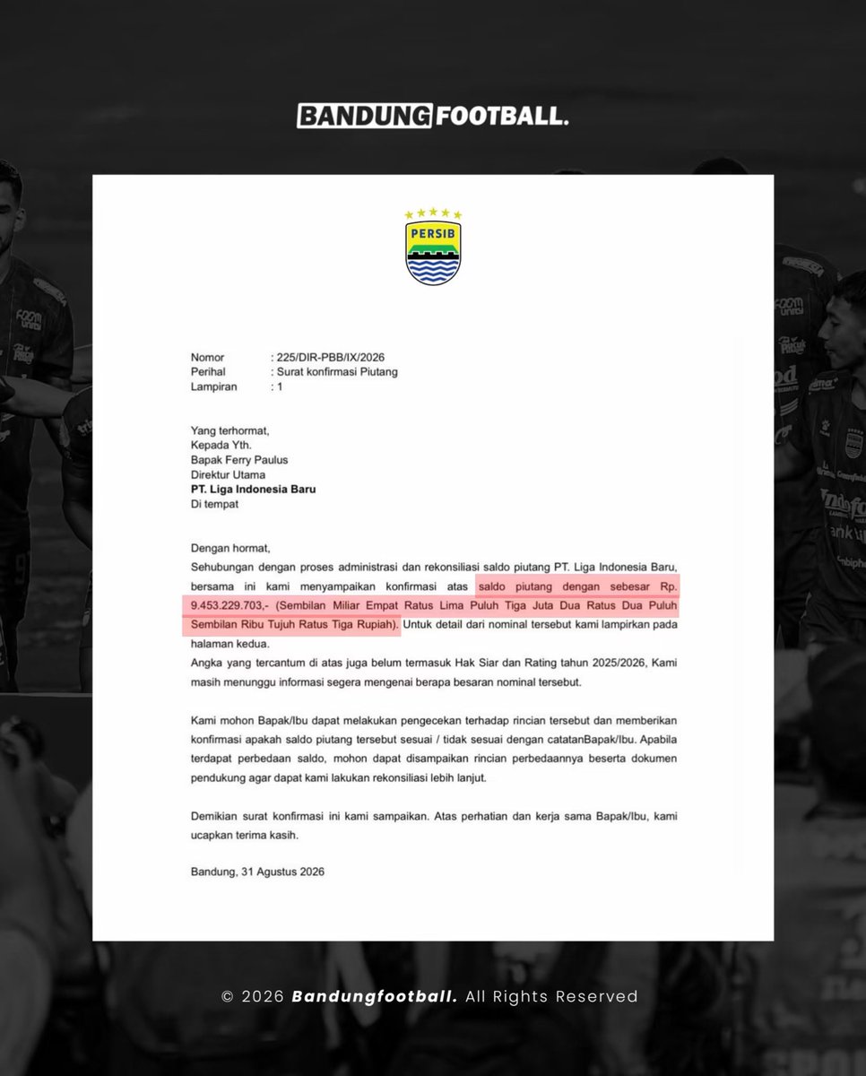 bandungfootball's tweet photo. 𝐓𝐔𝐍𝐆𝐆𝐀𝐊𝐀𝐍 𝐑𝐏𝟗,𝟒 𝐌𝐈𝐋𝐈𝐀𝐑 𝐏𝐓. 𝐋𝐈𝐁 𝐊𝐄 𝐏𝐄𝐑𝐒𝐈𝐁 🚨🫣💙

Merujuk pada dokumen konfirmasi per 31 Agustus 2026, PT. Liga Indonesia Baru (LIB) tercatat masih memiliki kewajiban tertunda kepada Persib senilai Rp9 miliar.

Nominal tersebut belum mengakumulasi pendapatan dari pembagian hak siar dan rating untuk musim kompetisi 2025/2026.

Apabila seluruh komponen tersebut dikalkulasikan, total piutang PT LIB diestimasikan menyentuh kisaran Rp10 hingga Rp14 miliar.

😬😬😬😬😬😬

#BandungFootball #BFCOM #Persib #Bobotoh