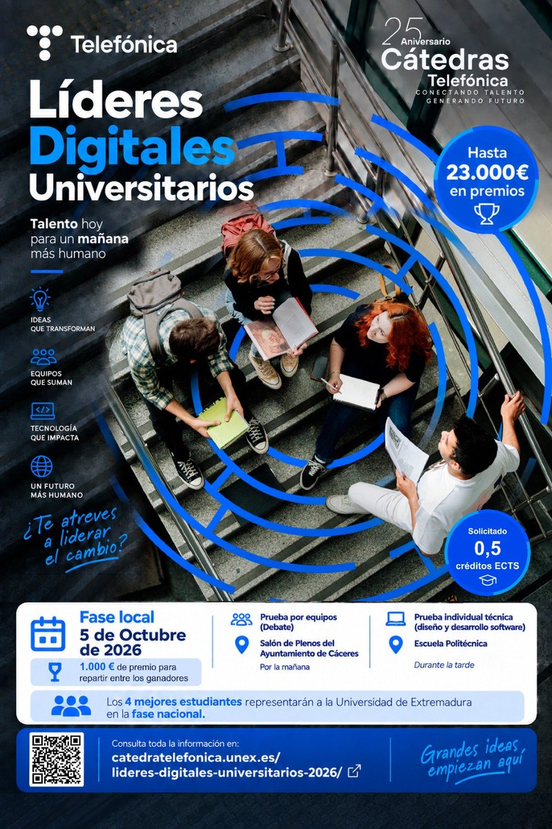 CatedraTEF_UEx's tweet photo. 🚀 ¡Subimos la apuesta en #LDU2026!
🏆 El premio de la fase local en Cáceres aumenta a 1.000 €.
🎓 Además, hemos solicitado el reconocimiento de 0,5 créditos ECTS por la participación.
📅 5 de octubre
👉 https://t.co/e3GoY2wHw4
#UEx #TalentoDigital https://t.co/Z6c6wY7ZY7