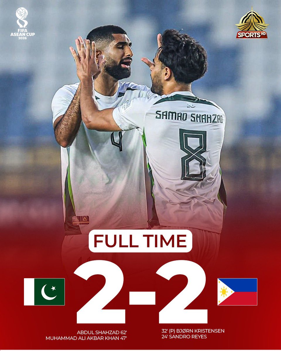 PTVSp0rts's tweet photo. PAKISTAN SHOW FIGHTING SPIRIT! ⚽️🇵🇰

198th-ranked Pakistan fought back from 2-0 down to hold 135th-ranked Philippines to a 2-2 draw in the FIFA ASEAN Cup and earn a valuable point.

#pakistanfootball #aseancup2026 https://t.co/wirdvvXHHP