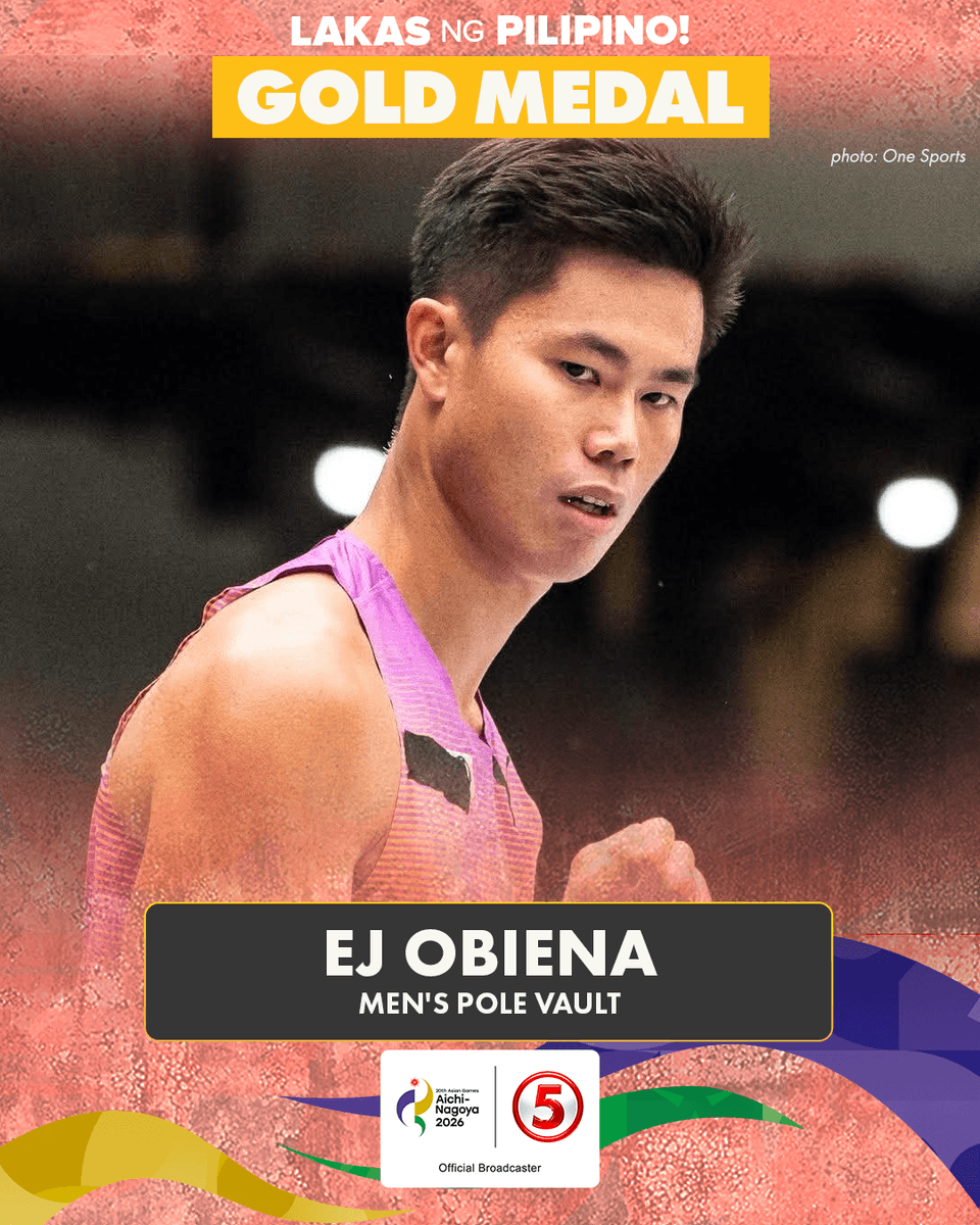 News5PH's tweet photo. BACK-TO-BACK ASIAD GOLD FOR OBIENA! 🇵🇭🥇

Matagumpay na nadepensahan ni Olympic pole vaulter EJ Obiena ang gold medal title sa men’s pole vault sa 20th Asian Games Aichi-Nagoya 2026.

Na-clear niya ang bagong Asian Games record na 5.91 meters.

Ito na ang ikatlong gold medal ng Pilipinas sa 2026 Asian Games.

#AichiNagoya2026 #20thAsianGames #LakasNgPilipino