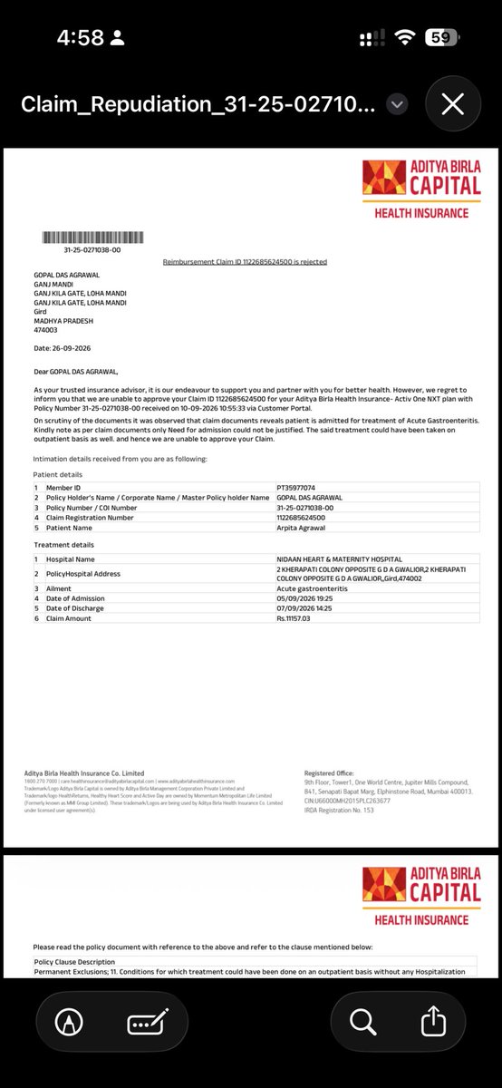 ChartWithAryan's tweet photo. Claim ID: 1122685624500 rejected citing "OPD basis"! When patient couldn't even retain water orally, IV fluids &amp; IV meds were mandatory. Treating MD Doctor certified emergency admission with complete verified indoor papers! (2/3) @irdaindia https://t.co/LC5646hKpY