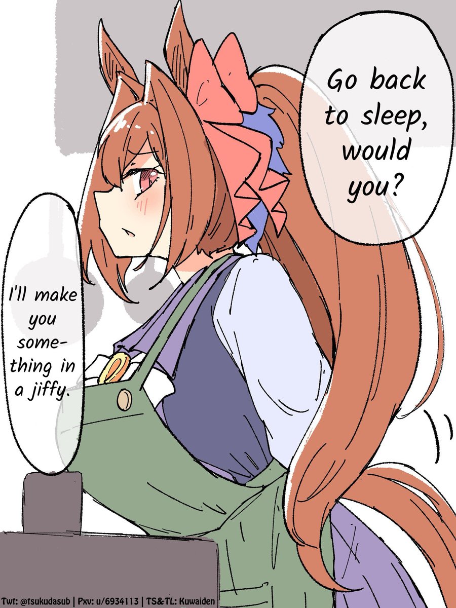 Kuwaiden's tweet photo. If you catch a cold, you better not tell your trainee, otherwise, she's coming over by @tsukudasub

I want to think the trainer dorms have a shared fridge for all the extra food trainees make for them and throw a microwave parties

#ウマ娘 #Umamusume 
#ウマ娘英訳 #UmaTranslations https://t.co/kyLy0zzJ93
