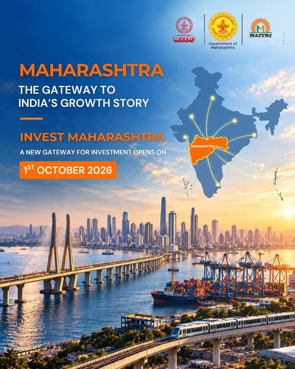 Invest_Maha's tweet photo. A new gateway to India’s growth story opens on 1st October 2026.

Scale. Connectivity. Infrastructure. Opportunity.

Maharashtra meansbusiness.

#MaharashtraMeansBusiness #InvestInMaharashtra 

@maitri_ifc @midc_india @MMRDAOfficial @CMOMaharashtra @MahaDGIPR https://t.co/0OIR9QYlOM