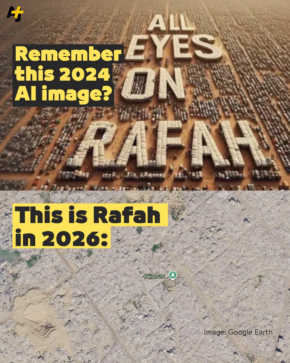 ajplus's tweet photo. In 2024, millions shared an AI-generated image of Rafah to raise awareness about Israel’s genocide in Gaza.

Now, Google Earth updated satellite images of Gaza and this is what Rafah looks like: https://t.co/ILv3B0QZM0