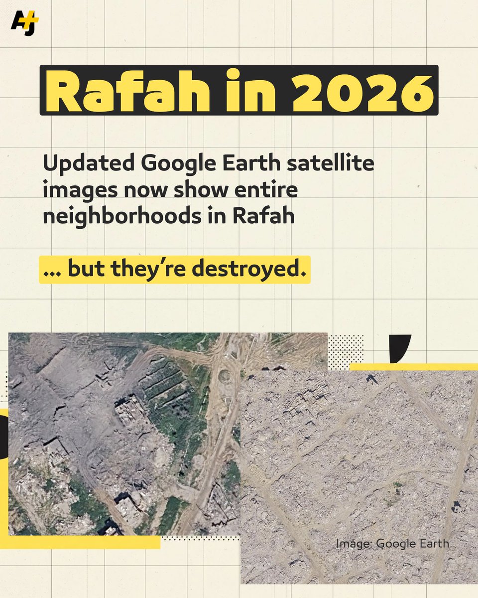 ajplus's tweet photo. In 2024, millions shared an AI-generated image of Rafah to raise awareness about Israel’s genocide in Gaza.

Now, Google Earth updated satellite images of Gaza and this is what Rafah looks like: https://t.co/ILv3B0QZM0