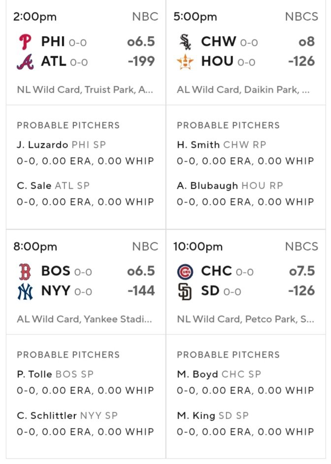 SoyOtroLucho's tweet photo. Arrancan las Series de Comodin de la #MLB 

Phillies vs Braves 2p IVC
White Sox vs astros 5p Televen /Espn3
Red Sox vs Yankees 8p IVC / Espn2
Cubs vs Padres 10p Televen

#ALWCS #NLWCS https://t.co/oefHMy21C7