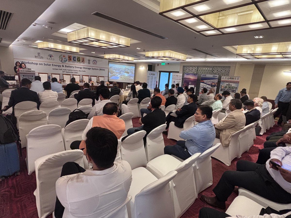 sscgreenjobs's tweet photo. The Skill Council for Green Jobs (SCGJ) organised a Workshop on Solar Energy &amp; Battery Energy Storage System (BESS) Sectors on 25 September 2026 at Juniper Hall, India Habitat Centre, New Delhi.

The workshop brought together government, industry &amp; sector stakeholders. https://t.co/GuoylJGhaF