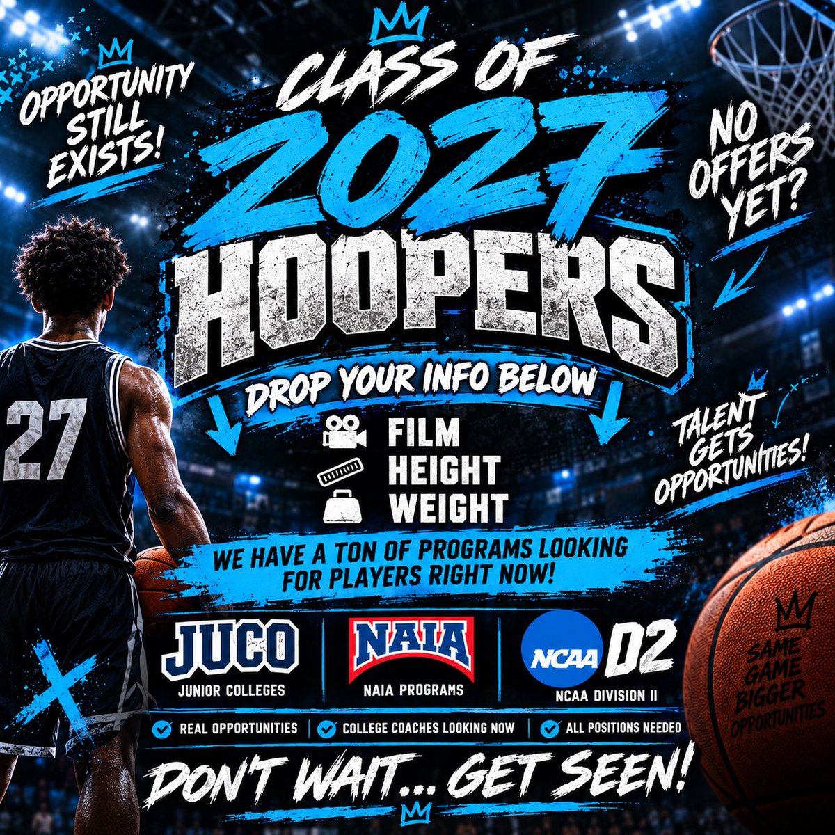 Grind2scholars's tweet photo. 🚨 CLASS OF 2027 — THIS IS YOUR TIME! 🏀🔥

Still waiting on that offer? Stop waiting to be seen. 👀
Coaches are looking. Opportunities are out there.

🎥 Drop your film
📏 Height
⚖️ Weight

#ClassOf2027 #BasketballRecruiting #GetSeen #Hoopers #NextLevel #CollegeBasketball https://t.co/XgHNOGgUYm