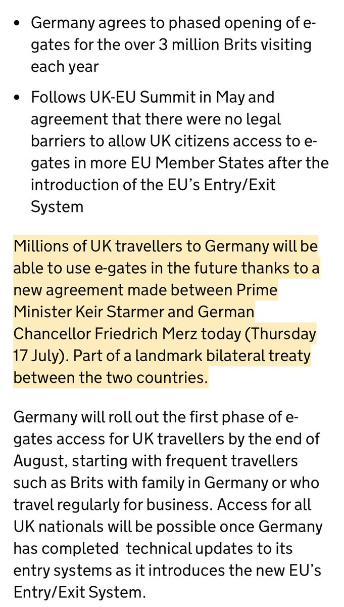 GregHands's tweet photo. Is Germany in breach of the Kensington Treaty, signed July 2025.

British arrivals in Germany were promised by Starmer &amp; Merz then that eGate use would be “phased in” from August 2025. 

There has been no discernible change in the last 15 months - just long passport queues.

1/ https://t.co/58AzVZJ0sf