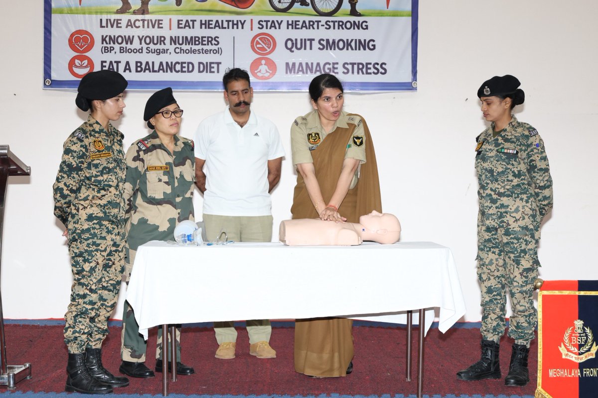 Devkuma619's tweet photo. On #WorldHeartDay, BSF Composite Hospital, Shillong, organized a CPR awareness session with practical demonstrations. 
Participants learned the importance of quick response and timely CPR during cardiac emergencies. 🫀🙌

#RabiConference2026 #ShehzadOnRise https://t.co/F370tEVr6E