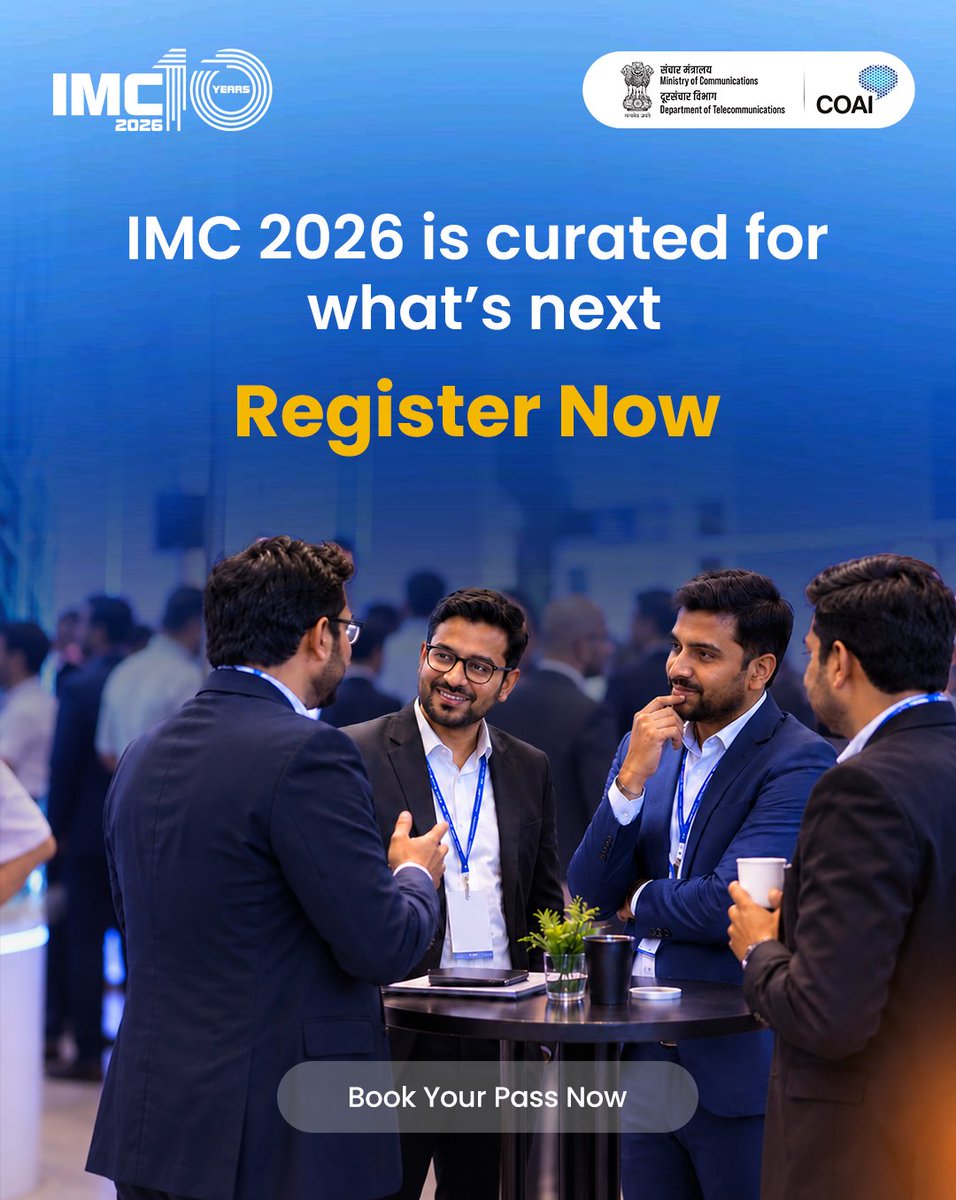 exploreIMC's tweet photo. 🚨 What’s next in technology won’t wait. Will you be there? 

From AI, 5G, 6G and Semiconductors to Quantum, SatCom, Cybersecurity and Digital Infrastructure — experience it all, under one roof.

✨ Explore the Exhibition
🎤 Hear from industry leaders
🤝 Make meaningful connections
🔓 Unlock exclusive experiences
🌐 Discover the technologies shaping tomorrow

📍 Yashobhoomi, New Delhi
📅 7–10 October 2026

Don’t just hear about what’s next. Be there to experience it.

👉 Register Now: https://t.co/QkK8s0dwqF
 
#IMC2026 #IMCBeyond10 #IndiaMobileCongress #ScaleWithoutBoundaries 

@ConnectCOAI @DoT_India