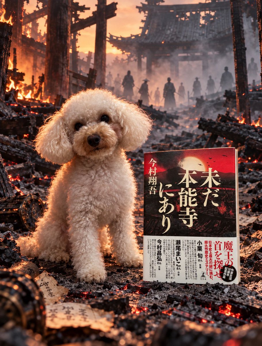 read_with_coco's tweet photo. 今日届いたばかりの『未だ本能寺にあり』(今村翔吾)。

表紙を見た瞬間、本能寺の炎が頭に浮かんで、こんな光景を作ってみました。

まだ一ページも読んでいないのに、もう「その後」の世界に引き込まれそうな気配がします。

忙しい一日の終わりに、本を開く時間が少し楽しみになった夜です。

ココちゃんは、もうこの本の隣が定位置。にさせられました😅
読むのが楽しみ。

読書 with Coco🐾