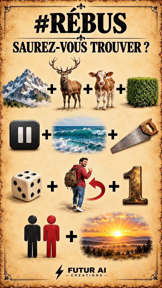 Benjamin_Sibuet's tweet photo. 🧩 RÉBUS DU JOUR
Celui-là paraît simple au début… mais la fin risque de vous faire hésiter 😅
Saurez-vous retrouver la phrase complète sans regarder les commentaires ? 👀
#rebus #devinette #enigme #cassetete #humour https://t.co/6cJsvIg2P2