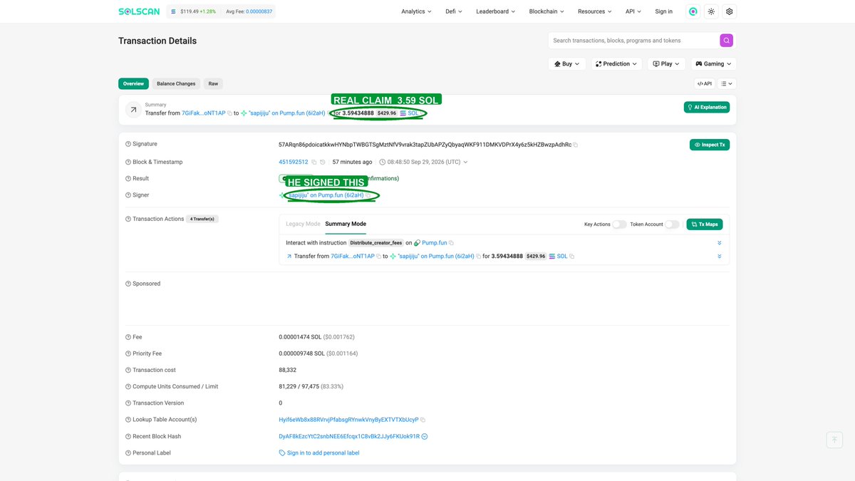 kingcardano's tweet photo. If you’re bidding on the fake The Frog bundle because you think sapijiju claimed it, you’re getting farmed. 

Sapijiju never personally claimed The Frog. He claimed OG solana:8Fs2YLsayR4awLB79nMM3QCpG3pqvcAGP7hHb8fX4L2G 

At 11:41 today, 178.52 SOL from The Frog reached his wallet: 6i2aHtxfqkC2biTo98FSkP59FVHPKFRLZWDbdghN6WKK. But receiving SOL does not mean he chose to claim it. 

Check Signer on this TX: https://t.co/IyyQaK5GD0

On https://t.co/7ipE6OJtD4, someone else can pay the fee and trigger a payout to the creator’s wallet.

Check The Frog transaction. Its signer and fee payer are pot2Lk5UJH85nhMM4dorKVh257WePEpavRempv4v2se - not sapijiju’s wallet. 

The Frog mint is 8jayQDfRc3GYxftBJ2VAwjqmRBdYPC9KnjY15rc9pump.

Solscan’s “sapijiju” label is just the receiving wallet’s name; it is not proof that he signed.

Now compare his OG SAPIJIJU claim at 10:48 today. His own wallet, 6i2aHtxfqkC2biTo98FSkP59FVHPKFRLZWDbdghN6WKK, signed and paid the fee for that 3.5943 SOL transaction. 

Check tha Sapijiju claimed fees as a signer here: https://t.co/eIW0SjeMQZ

The OG SAPIJIJU mint is 8Fs2YLsayR4awLB79nMM3QCpG3pqvcAGP7hHb8fX4L2G.

The Frog was triggered by someone else. OG SAPIJIJU is the one he claimed himself.

Even on Padre there is no claim icon on The Frog, only on SAPIJIJU.

Big thanks to @thebossmanddev for pointing this out.