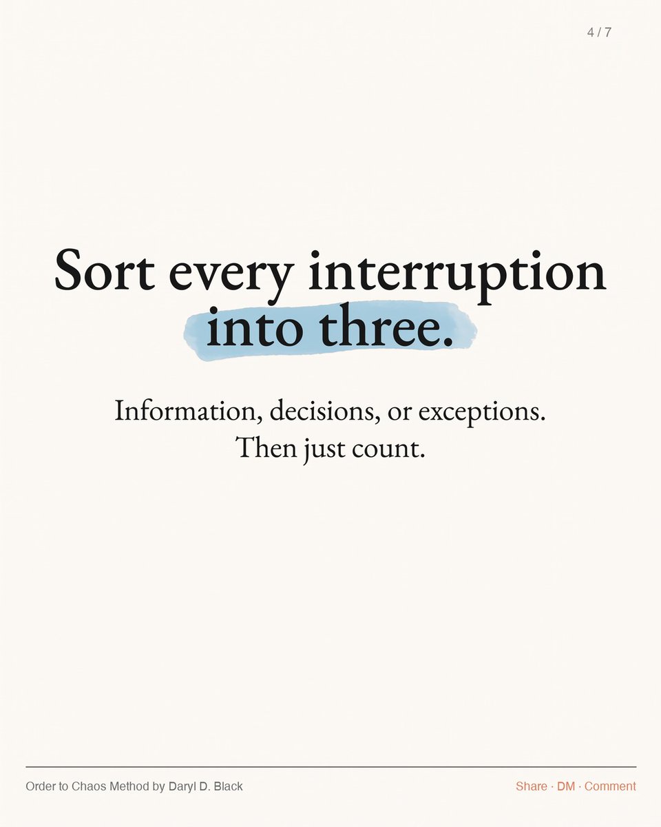 DarylDBlack's tweet photo. In 35+ years of crisis leadership, I never let anyone act on a problem we hadn't sized up first. Before you fix why your business can't run without you, run an Interruption Audit: 5 days, sort every interruption into 3 buckets, then count. https://t.co/ACBXQH8dRd https://t.co/baAX28RuZQ