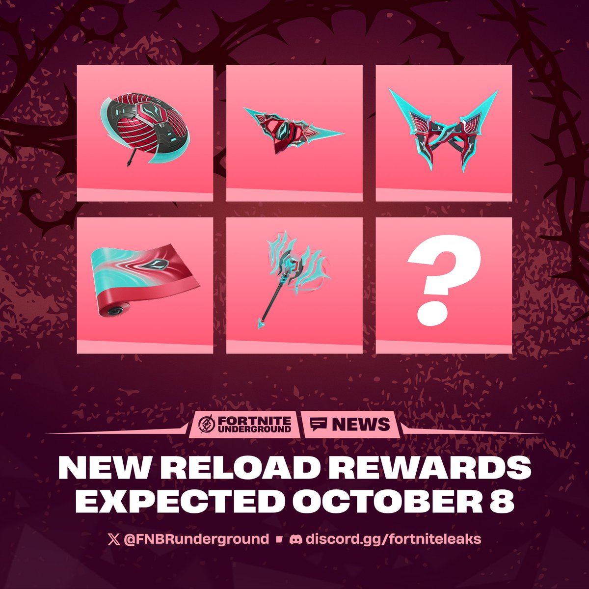 FNBRunderground's tweet photo. New rewards are expected to land in #Fortnite Reload next week 🦇 

Though not fully confirmed, the rewards are likely to include a set of Kado Thorne-themed accessories added earlier this Season. More rewards could be revealed in this week's update. https://t.co/agAtxuMcrd