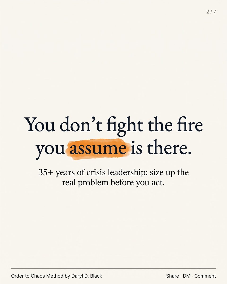 DarylDBlack's tweet photo. In 35+ years of crisis leadership, I never let anyone act on a problem we hadn't sized up first. Before you fix why your business can't run without you, run an Interruption Audit: 5 days, sort every interruption into 3 buckets, then count. https://t.co/ACBXQH8dRd https://t.co/baAX28RuZQ