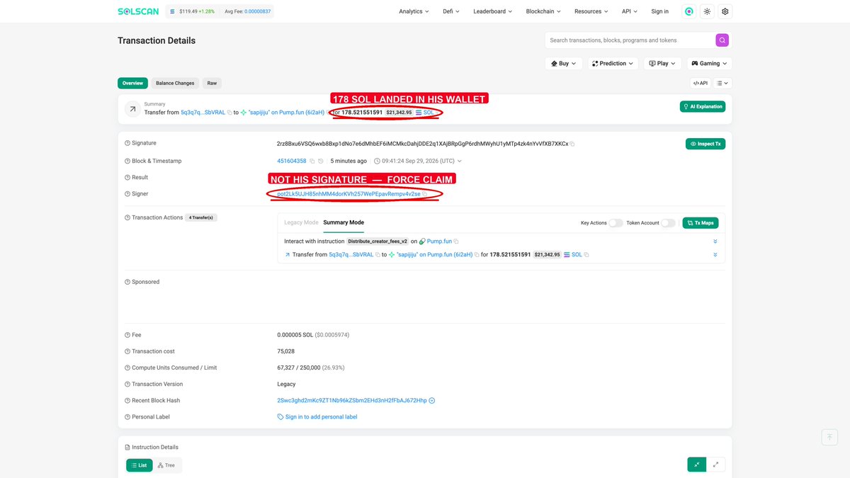 kingcardano's tweet photo. If you’re bidding on the fake The Frog bundle because you think sapijiju claimed it, you’re getting farmed. 

Sapijiju never personally claimed The Frog. He claimed OG solana:8Fs2YLsayR4awLB79nMM3QCpG3pqvcAGP7hHb8fX4L2G 

At 11:41 today, 178.52 SOL from The Frog reached his wallet: 6i2aHtxfqkC2biTo98FSkP59FVHPKFRLZWDbdghN6WKK. But receiving SOL does not mean he chose to claim it. 

Check Signer on this TX: https://t.co/IyyQaK5GD0

On https://t.co/7ipE6OJtD4, someone else can pay the fee and trigger a payout to the creator’s wallet.

Check The Frog transaction. Its signer and fee payer are pot2Lk5UJH85nhMM4dorKVh257WePEpavRempv4v2se - not sapijiju’s wallet. 

The Frog mint is 8jayQDfRc3GYxftBJ2VAwjqmRBdYPC9KnjY15rc9pump.

Solscan’s “sapijiju” label is just the receiving wallet’s name; it is not proof that he signed.

Now compare his OG SAPIJIJU claim at 10:48 today. His own wallet, 6i2aHtxfqkC2biTo98FSkP59FVHPKFRLZWDbdghN6WKK, signed and paid the fee for that 3.5943 SOL transaction. 

Check tha Sapijiju claimed fees as a signer here: https://t.co/eIW0SjeMQZ

The OG SAPIJIJU mint is 8Fs2YLsayR4awLB79nMM3QCpG3pqvcAGP7hHb8fX4L2G.

The Frog was triggered by someone else. OG SAPIJIJU is the one he claimed himself.

Even on Padre there is no claim icon on The Frog, only on SAPIJIJU.

Big thanks to @thebossmanddev for pointing this out.