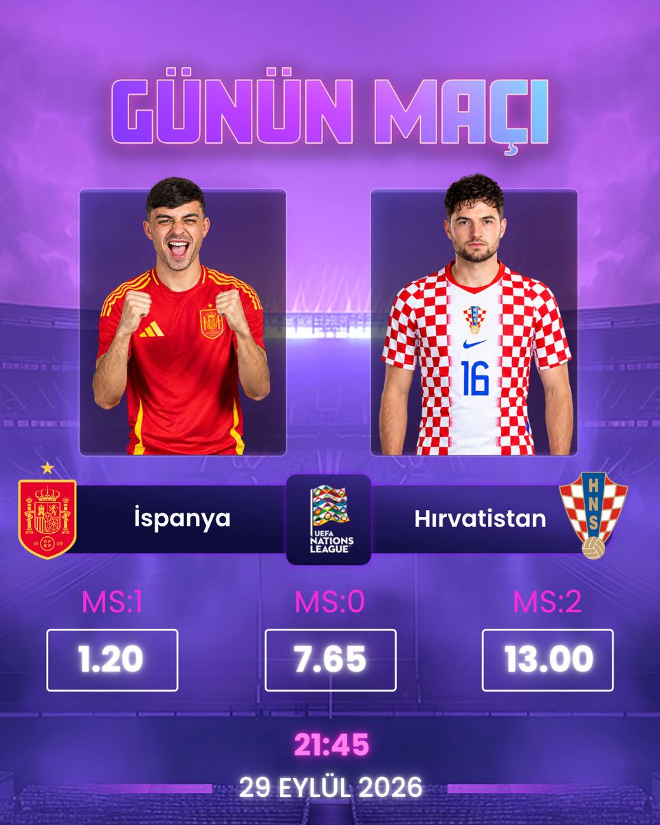 avibetofficial's tweet photo. 💜 GÜNÜN MAÇI: İSPANYA - HIRVATİSTAN

UEFA Uluslar Ligi'nde heyecan dorukta!

İspanya ve Hırvatistan saat 21:45'te galibiyet için sahaya çıkıyor!⚡️

Sizce bu dev maç nasıl biter? Tahminleri yazın! 💜👇 https://t.co/y5cKRmGKIb