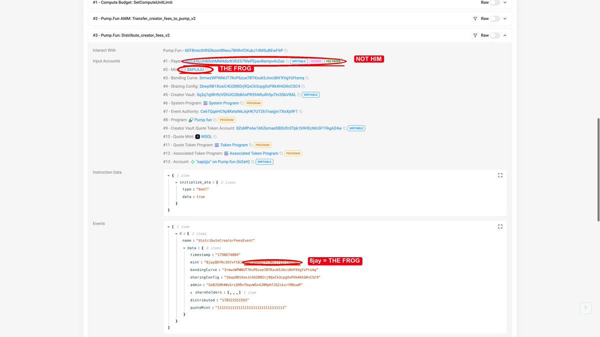 kingcardano's tweet photo. If you’re bidding on the fake The Frog bundle because you think sapijiju claimed it, you’re getting farmed. 

Sapijiju never personally claimed The Frog. He claimed OG solana:8Fs2YLsayR4awLB79nMM3QCpG3pqvcAGP7hHb8fX4L2G 

At 11:41 today, 178.52 SOL from The Frog reached his wallet: 6i2aHtxfqkC2biTo98FSkP59FVHPKFRLZWDbdghN6WKK. But receiving SOL does not mean he chose to claim it. 

Check Signer on this TX: https://t.co/IyyQaK5GD0

On https://t.co/7ipE6OJtD4, someone else can pay the fee and trigger a payout to the creator’s wallet.

Check The Frog transaction. Its signer and fee payer are pot2Lk5UJH85nhMM4dorKVh257WePEpavRempv4v2se - not sapijiju’s wallet. 

The Frog mint is 8jayQDfRc3GYxftBJ2VAwjqmRBdYPC9KnjY15rc9pump.

Solscan’s “sapijiju” label is just the receiving wallet’s name; it is not proof that he signed.

Now compare his OG SAPIJIJU claim at 10:48 today. His own wallet, 6i2aHtxfqkC2biTo98FSkP59FVHPKFRLZWDbdghN6WKK, signed and paid the fee for that 3.5943 SOL transaction. 

Check tha Sapijiju claimed fees as a signer here: https://t.co/eIW0SjeMQZ

The OG SAPIJIJU mint is 8Fs2YLsayR4awLB79nMM3QCpG3pqvcAGP7hHb8fX4L2G.

The Frog was triggered by someone else. OG SAPIJIJU is the one he claimed himself.

Even on Padre there is no claim icon on The Frog, only on SAPIJIJU.

Big thanks to @thebossmanddev for pointing this out.