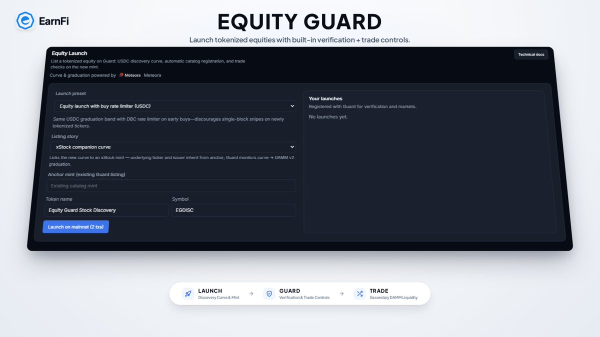 EarnFidotfun's tweet photo. You can now launch tokenized equities directly through Equity Guard.

Equity Launch handles the discovery curve, catalog registration, and trade checks on the new mint with graduation powered by @MeteoraAG

Another piece of the stack coming together. https://t.co/zbuosxNujH