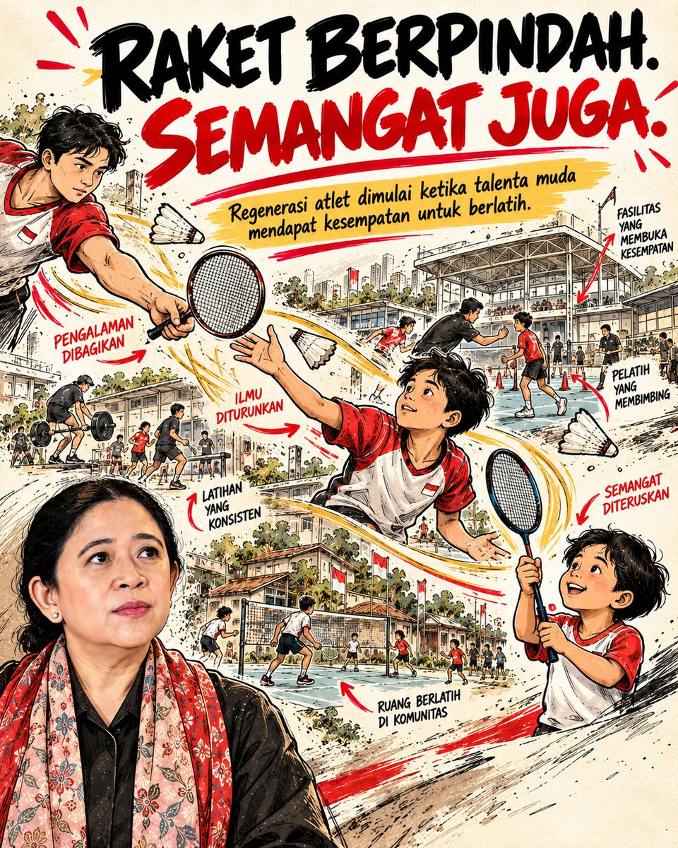 DavidaShaDarm's tweet photo. Raket berpindah, semangat juga, regenerasi atlet dimulai ketika talenta muda mendapat kesempatan berlatih dan mewarisi pengalaman untuk meraih prestasi. #puanku #puankoe #puanmhrn #puanmaharani https://t.co/G2JJAoXtWM