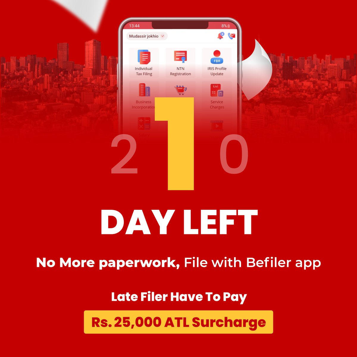 Befiler's tweet photo. ⏰Tomorrow is the last day.
Miss the 30th of September deadline and you'll have to pay a Rs. 25,000 to restore your ATL status
Don't let the deadline decide for you. Open the Befiler app and file today.
#Befiler #TaxFiling #FBR #ATL #NTN #Pakistan https://t.co/5WooOie4Xl