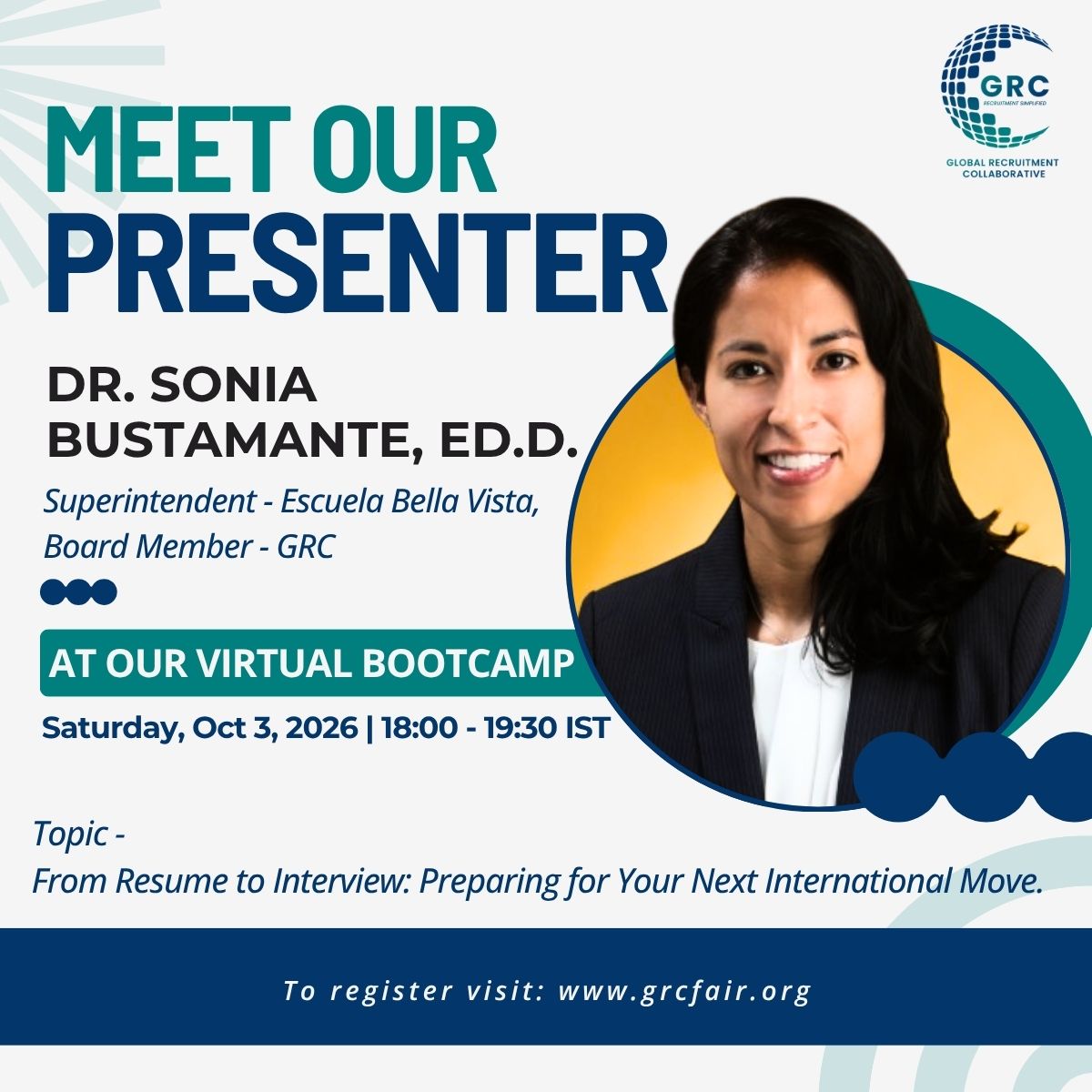 GrcFair's tweet photo. We’re excited to welcome Dr. Sonia Bustamante, Ed.D., Superintendent at @Escuela Bella Vista and GRC Board Member, as a presenter at our upcoming GRC Virtual Bootcamp for Educators this Saturday, October 3.

https://t.co/kG9DJru76L https://t.co/QngxOTKNKt