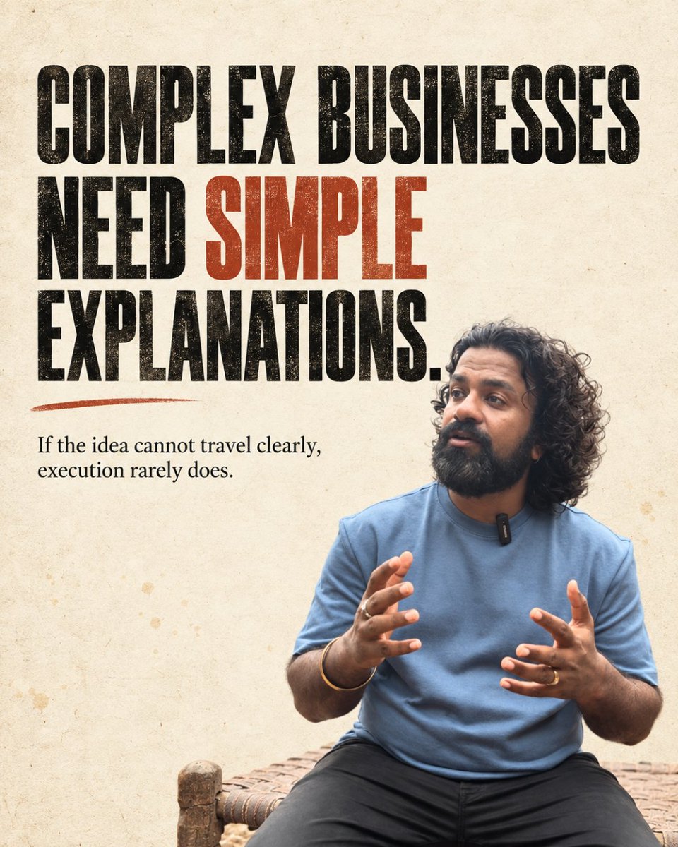 Prav0310's tweet photo. I’ve started noticing that some business ideas become clearer when you try explaining them without a presentation.

No slides.

No framework.

No industry language.

Just a conversation.

When you sit with someone and explain what you are building in simple words, you quickly discover what you actually understand.

The complicated parts become obvious.

The unnecessary language disappears.

And sometimes the idea you thought was clear inside the office suddenly becomes difficult to explain outside it.

That has made me respect simplicity much more.

Not because business itself is simple.

But because clarity usually is.

If a customer, employee or partner needs ten minutes of context before they understand what you mean, the problem may not always be their understanding.

Sometimes the thinking itself needs another round.

𝗖𝗼𝗺𝗽𝗹𝗲𝘅 𝗯𝘂𝘀𝗶𝗻𝗲𝘀𝘀𝗲𝘀 𝘀𝘁𝗶𝗹𝗹 𝗻𝗲𝗲𝗱 𝘀𝗶𝗺𝗽𝗹𝗲 𝗲𝘅𝗽𝗹𝗮𝗻𝗮𝘁𝗶𝗼𝗻𝘀.

Because if the idea cannot travel clearly between people, execution usually struggles to travel with it.

#d2c #d2cfounder #healthandwellness #brands