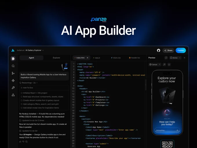AI 앱 빌더 — 에이전트·코드·모바일 프리뷰 3분할 IDE