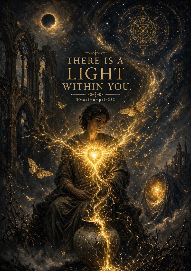 maximumpain333's tweet photo. THERE IS A LIGHT WITHIN YOU.

There is a light that does not come from the sun, nor from any lamp the world can offer. It lives behind the ribs, beneath the noise of thought, older than the name you were given. It has watched every darkness you have walked through and has never gone out.

Most days it is quiet. It waits while you chase shadows, while you forget, while you believe yourself empty. Then, in some still hour, it stirs—not as fire that burns, but as a remembering. A warmth that does not ask permission. A presence that does not need to be earned.

This light is not separate from you. It is the part of you that never agreed to be small. It is the silent witness, the uncreated spark, the first and last thing that remains when everything else falls away. Mystics have called it by many names, yet it answers to none. It simply is.

Do not look for it outside. Do not wait for a sign more dramatic than the one already burning in your chest. Turn inward. Be still long enough to feel it. Let it rise through the cracks of your ordinary life. Let it illuminate what you have hidden, and what you have loved, and what you have never dared to become.

There is a light within you.
It has always been there.
It is waiting for you to remember.