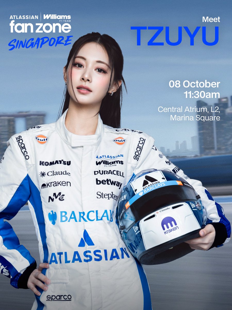 godmitzu's tweet photo. TZUYU will be at the Atlassian Williams F1 Team Fan Zone in Singapore on October 8th!

"Hear from K-Pop superstar TZUYU, the voice of the upcoming Williams x DAN DA DAN theme song" https://t.co/YVQsS0qAzS