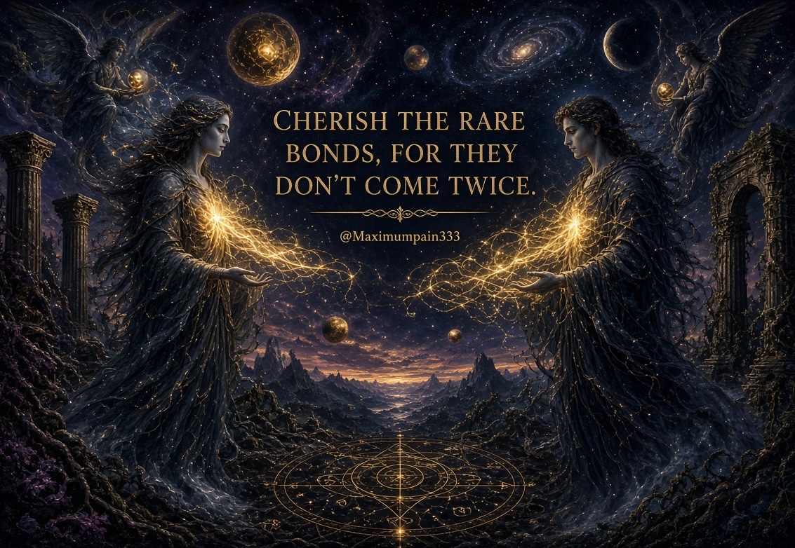 maximumpain333's tweet photo. CHERISH THE RARE BONDS, FOR THEY DON’T COME TWICE.

In the silent chambers of the soul, where time dissolves and the veil between worlds grows thin, there exist connections that are not of this earth. They arrive unbidden—woven from starlight and shadow, from lifetimes unspoken and destinies that recognized one another before the first breath was drawn.

These are the rare bonds. The ones that feel like remembering rather than meeting. The ones that stir the ancient knowing in the blood, that make the heart ache with a beauty too vast for ordinary language. They do not shout. They do not demand. They simply are—quiet, luminous, and irrevocable.

Do not take them for granted. Do not assume they will return in another form, another season, another incarnation. The universe does not casually repeat its most sacred geometries. When two souls recognize each other across the dark, it is a miracle of alignment that may never occur again in quite the same way.

Hold them gently. Speak truth in their presence. Allow the mystery to remain mystery. For these bonds are not possessions; they are visitations from the eternal. They come once, perhaps twice in a lifetime if grace is extravagant, and then they become the inner landscape by which we measure all other love.

Cherish them while the thread still glows. For when it fades, what remains is only the echo—and the knowing that something holy once passed through your hands.