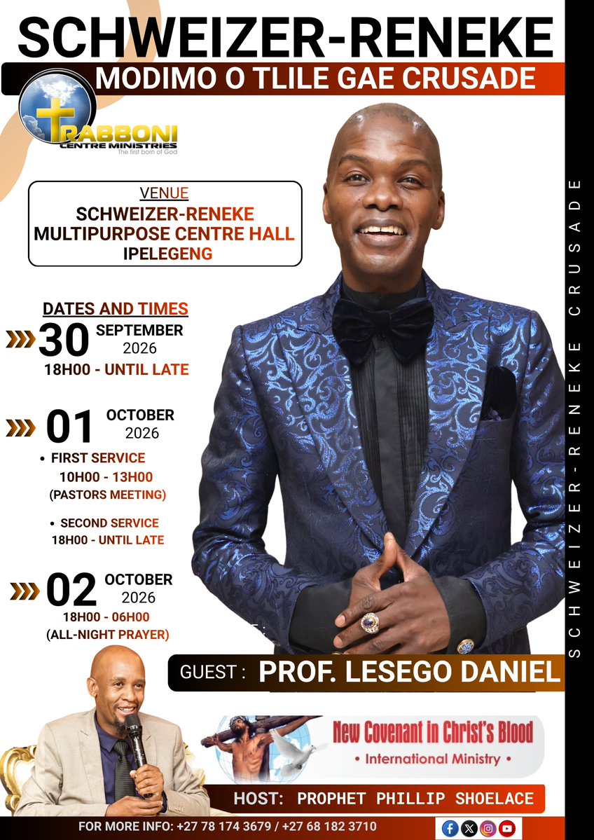 IAmLesegoDaniel's tweet photo. 🔥 𝟏 𝐃𝐀𝐘 𝐓𝐎 𝐆𝐎 — 𝐌𝐎𝐃𝐈𝐌𝐎 𝐎 𝐓𝐋𝐈𝐋𝐄 𝐆𝐀𝐄! 🔥 #ChristToTheNations #TheWaitIsOver #SalvationHasCome #ModimoOTlileGae #SchweizerRenekeCrusade
Tomorrow Schweizer‑Reneke gathers to encounter God’s mighty power. Hearts are expectant, the wait is over—salvation has come!
📍 Multipurpose Centre Hall, Ipelegeng 📅 Sept 30 – Oct 2, 2026