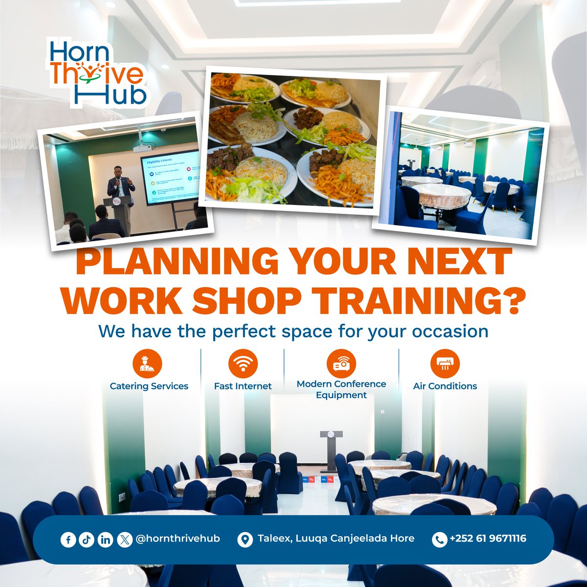 HornThriveHub's tweet photo. At Horn Thrive Hub, we offer the ideal space for your corporate meetings, workshops, and gatherings, fully equipped with catering services, fast internet, modern conference equipment, and AC. 🍽️💻❄️

📍 Taleex, Luuqa Canjeelada Hore

📞 +252 61 9671116

#HornThriveHub #Workspace #TeamEvent #ConferenceRoom #MogadishuEvents