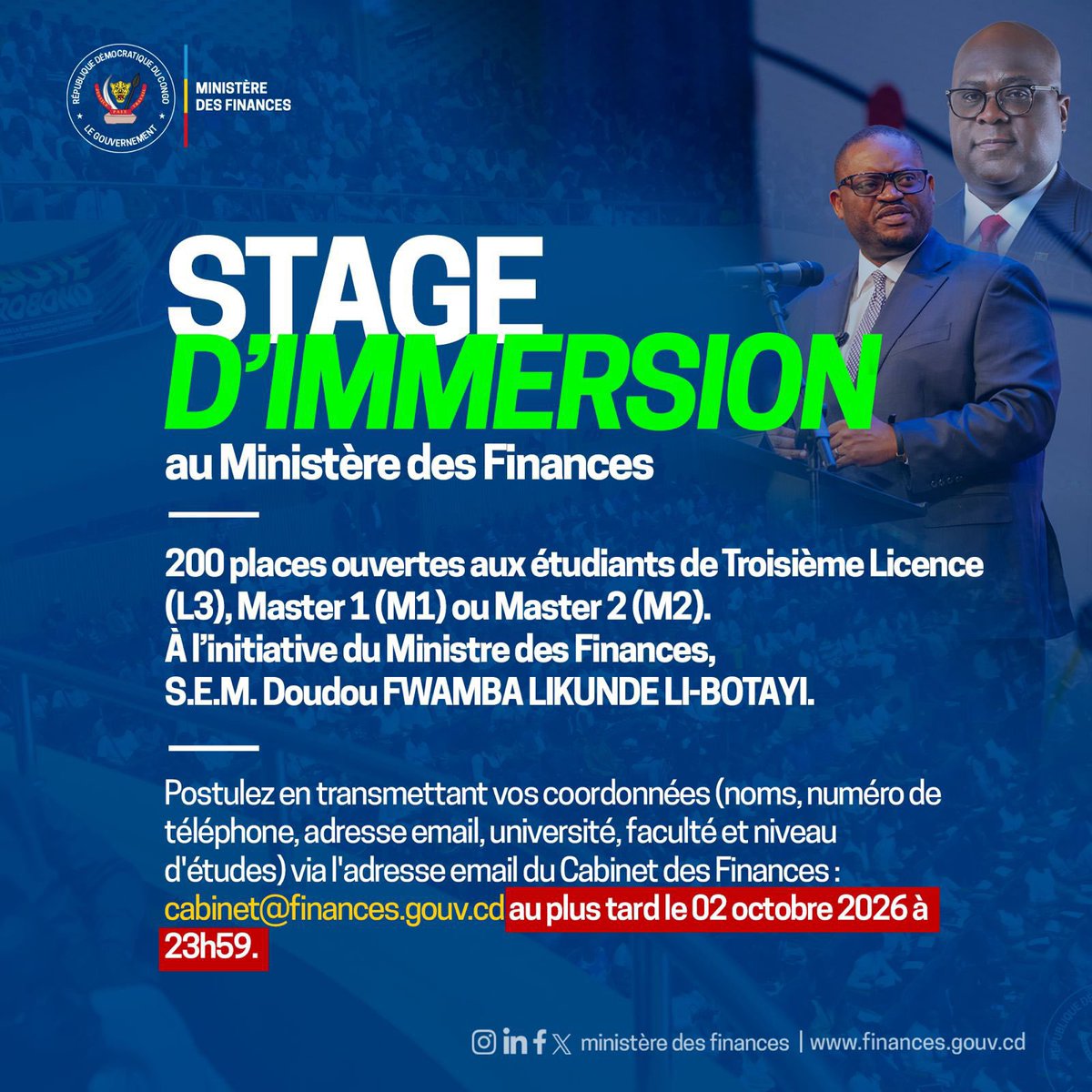 FanuelUred41972's tweet photo. #FINANCES_RDC|| STAGE D’IMMERSION AU MINISTÈRE DES FINANCES.
200 places ouvertes aux étudiants de Kinshasa.

Le Ministre de Finances @LikundeR avait pris l’engagement de leur permettre de concilier la théorie et la pratique dans le vaste domaine des finances publiques.

@fatshi13 https://t.co/vraNlg9OgM