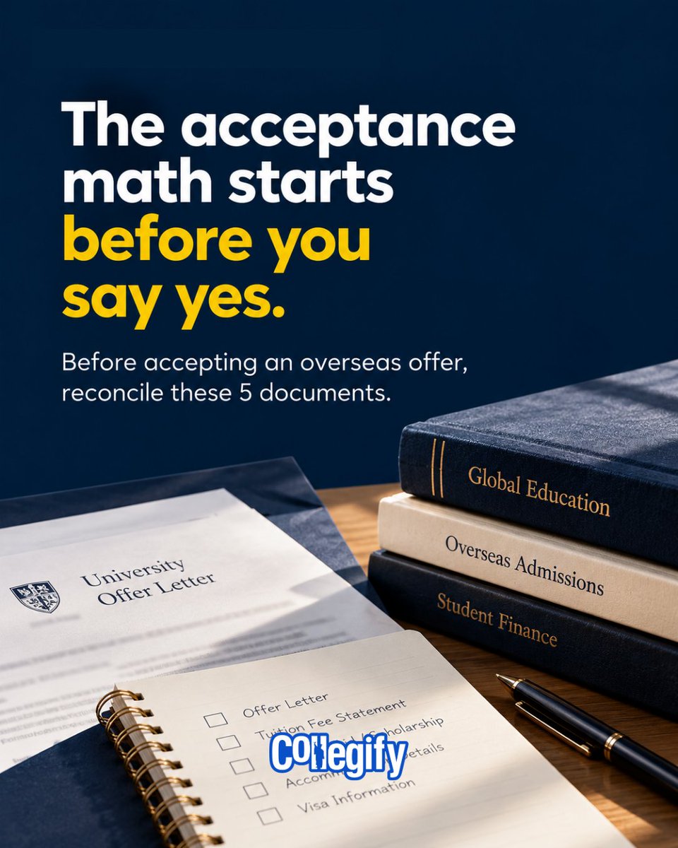 Collegify's tweet photo. Got the admit? Don’t hit “accept” yet!

Check 5 things first: Offer. Fees. Scholarship. Housing. Visa.

Admission ≠ Affordability ≠ Feasibility.
The acceptance math has to work too.

@study_hacker @Study_INTNL @StudyingAbroad https://t.co/7vUyF4xtVG