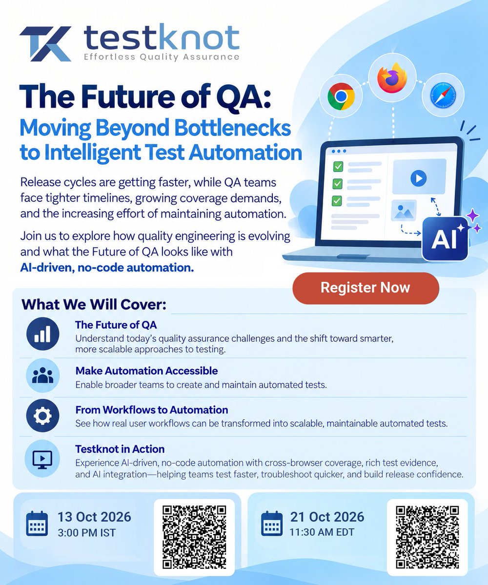 Synoverge's tweet photo. QA is evolving. Join Testknot’s live webinar to explore AI & no-code automation, scalable test coverage, and intelligent QA workflows.
13 Oct | 3 PM IST: https://t.co/Tft7xhhXRW
21 Oct | 11:30 AM EDT: https://t.co/ZXyuNEn4MB
#Testknot #QA #TestAutomation #AITesting #Synoverge https://t.co/BvT0oGiZ2S