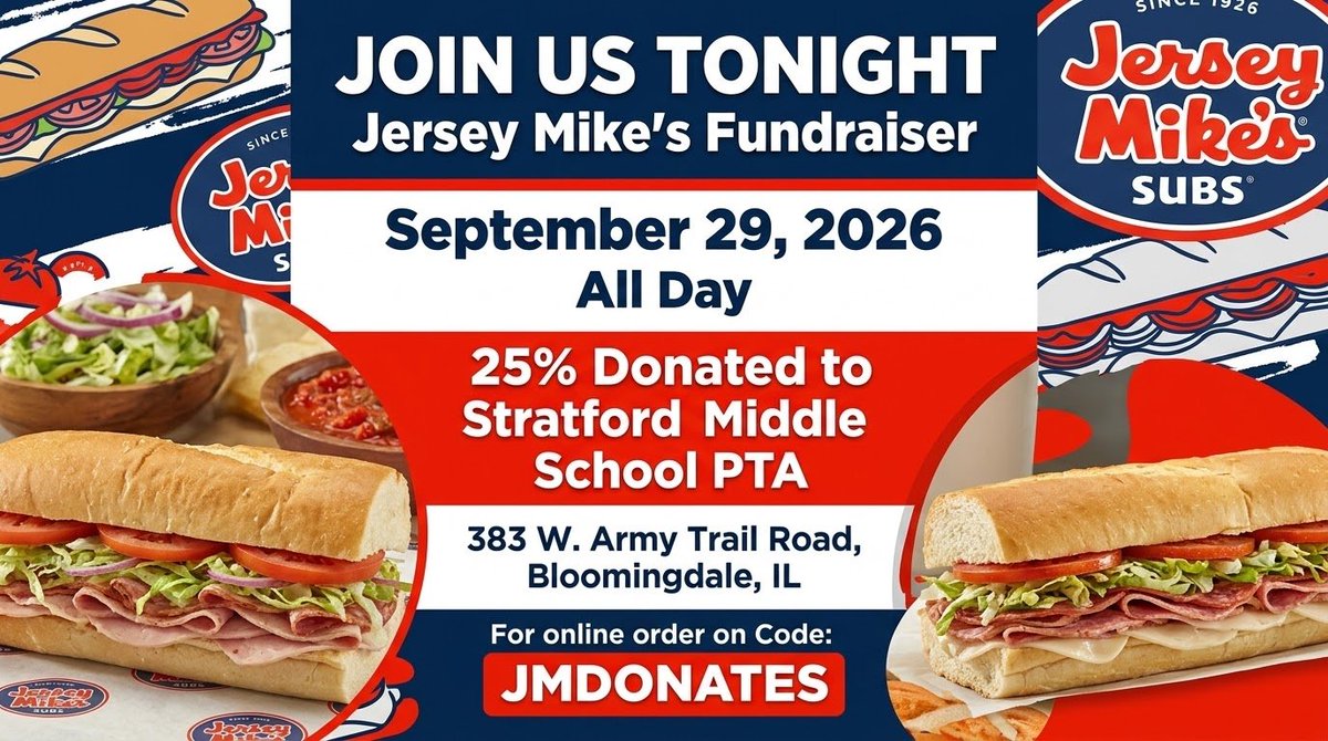 MiddlePta's tweet photo. TONIGHT: Eat Jersey Mike's in Bloomingdale &amp; support Stratford PTA! Mention us in-store or use code JMDONATES online for 25% back! 🥖 https://t.co/LJwMBCLJFD