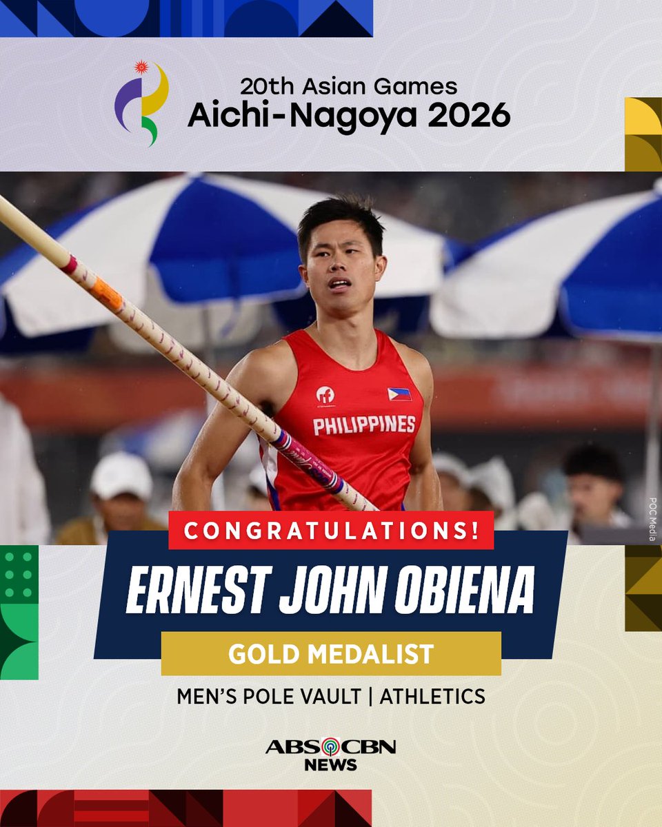ABSCBNNews's tweet photo. STILL ASIA’S CHAMPION 🥇  

Olympic pole vaulter EJ Obiena defends his Asian Games gold medal!   

Obiena cleared 5.91m, setting a new Asian Games record. | via @PaigeJavier 

Full story: https://t.co/DzVaSk2a18 https://t.co/JkepYBO9E8