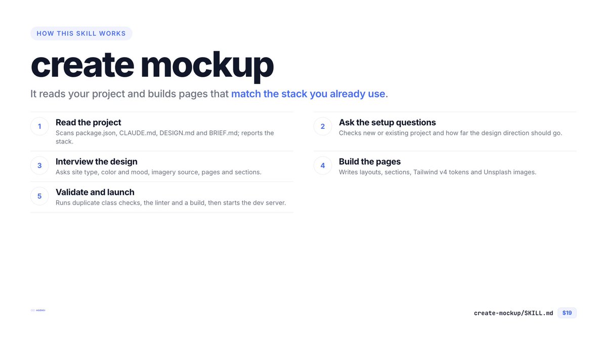 cipher's tweet photo. 次から次にですが「Create Mockup」をAgensiで公開しました。短いインタビューに答えるだけで、Astro / React / 素のHTMLのモックアップをTailwind CSS v4で作ります（作業環境は事前に準備してください）。Figmaファイルは不要です。

・CLAUDE.md / DESIGN.md / BRIEF.md に従う
・色は `theme` トークンで定義
・アクセシブルなマークアップ
・仕上げにクラス検査・lint・ビルドまで実行

https://t.co/lZVN1VqBma

---

Just published Create Mockup skill on Agensi.

Answer a short interview and it builds an accessible mockup in Astro, React or plain HTML with Tailwind CSS v4 (Please prepare your work environment in advance). No Figma file needed.

- Follows your CLAUDE.md, DESIGN.md and BRIEF.md
- Colors defined as `theme` tokens
- Runs class checks, lint and build at the end

https://t.co/lZVN1VqBma