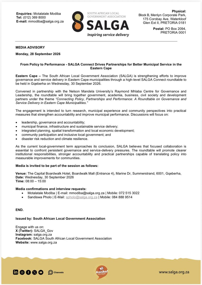 SALGA_Gov's tweet photo. From Policy to Performance - SALGA Connect Drives Partnerships for Better Municipal Service in the Eastern Cape

#SALGAConnect
#InspiringServiceDelivery
#LGE2026 https://t.co/mgBYIlAaTQ