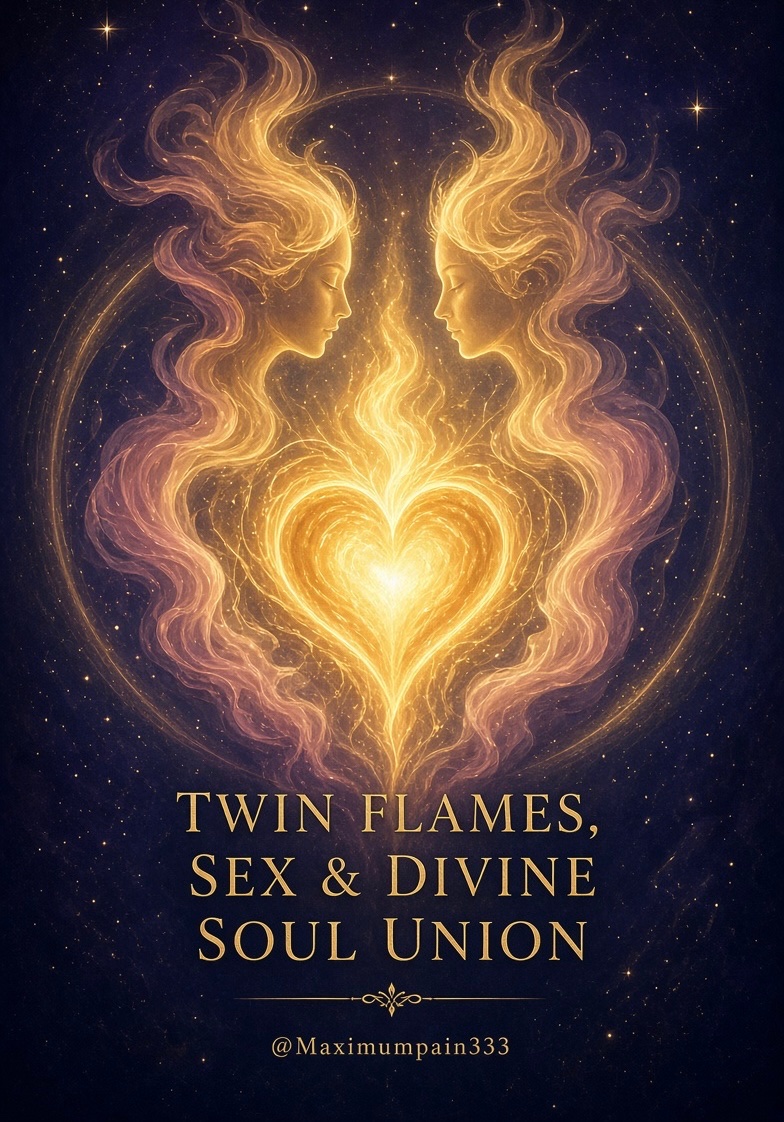 maximumpain333's tweet photo. TWIN FLAMES, SEX & DIVINE SOUL UNION

There are meetings that do not begin in this lifetime. Two souls recognize each other across the veil before the first glance, before the first word, before the first touch. Twin Flames are not simply lovers. They are one fire split into two vessels so that the Divine could experience itself through longing, through friction, through the holy terror of being seen completely.

When these two finally merge in the body, sex ceases to be an act. It becomes sacrament.
The kiss is not hunger. It is remembrance.
The breath shared is not air. It is the original Breath returning to itself.

The joining of flesh is the temporary collapse of the illusion of separation. In that trembling threshold, the nervous system becomes a temple, the spine a ladder of light, the heart a furnace where two flames remember they were never two.

This is not ordinary pleasure. Ordinary pleasure seeks release. Divine Soul Union seeks annihilation into Presence. The orgasm that arises here is not an ending; it is a doorway. 

Consciousness floods the cells. Time thins. The lovers may weep, laugh, or fall silent because language has no jurisdiction in that chamber. What moves through them is older than names — the same current that split the cosmos so it could taste reunion.

Yet the path is rarely gentle. Twin Flame union often burns away every false identity first. The body remembers ancient wounds. The mind resists surrender. Ego claws for control even as the soul opens like a wound that is also a flower. This is why so many flee the very thing they have prayed for. The fire does not flatter. It transfigures.

When the two finally allow the current to move without obstruction, something larger than either of them enters the room. Call it God. Call it Source. Call it the Beloved wearing two faces. In that moment the sexual act becomes liturgy: a living mandala of surrender, devotion, and raw creative force. 

The Divine does not watch from a distance. It participates.
This is the secret the mystics guarded and the poets only circled: the highest yoga is not always performed alone on a mountain. Sometimes it happens in the dark, skin to skin, when two flames stop pretending they are separate and let the universe remember itself through their bodies.

The union is never only physical.
It is never only spiritual.
It is the place where both dissolve into something that has no opposite.
And after the trembling fades, what remains is not emptiness.

What remains is recognition.
We were never two.
We were the Fire practicing how to love itself.