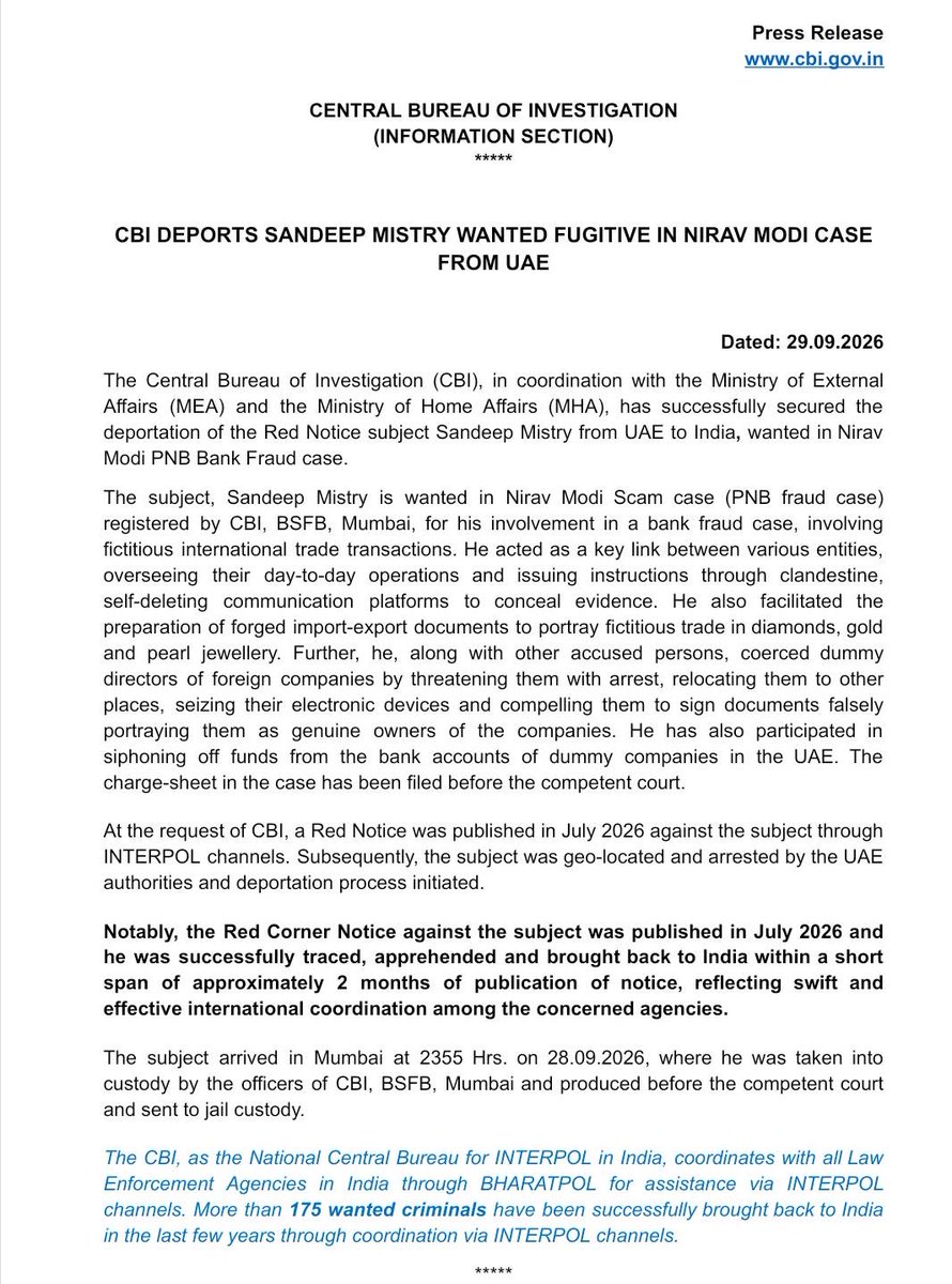 CBIHeadquarters's tweet photo. CBI DEPORTS SANDEEP MISTRY WANTED FUGITIVE IN NIRAV MODI CASE FROM UAE

@HMOIndia @INTERPOL_HQ @DoPTGoI https://t.co/TRgQMzc5kg