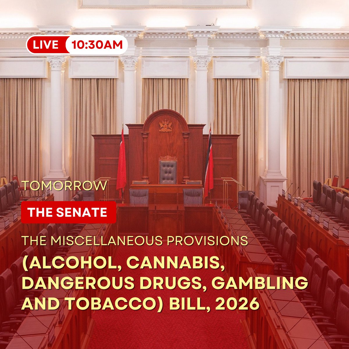 TTParliament's tweet photo. Catch the debate on the Miscellaneous Provisions (Alcohol, Cannabis, Dangerous Drugs, Gambling and Tobacco) Bill, 2026 in the Senate on Friday 2 October, 2026 at 10:30 a.m.

]Don't miss it!

https://t.co/UmLcAlqwQz

#TTParliamentSenate #Alcohol #Cannabis #Gambling #Tobacco https://t.co/jLlwyOrgcI