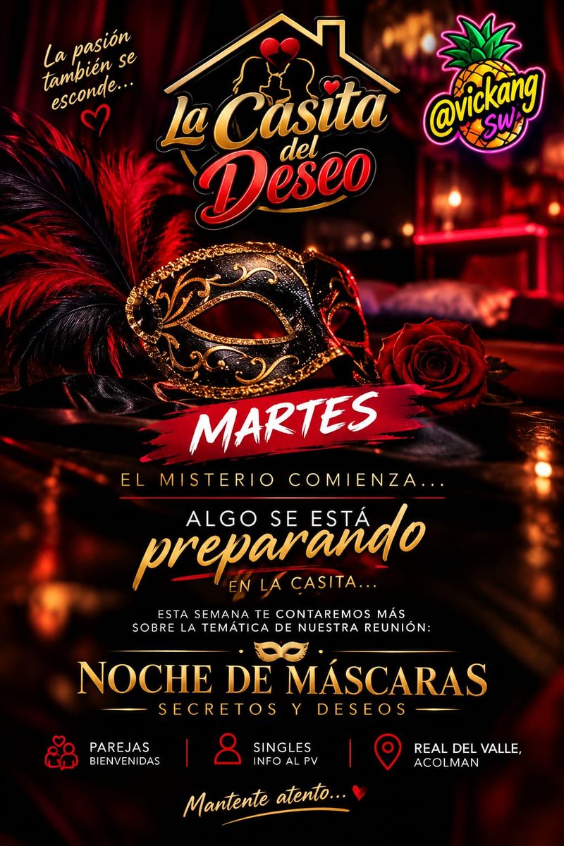 lacasadlplcrsw's tweet photo. 🎭 EL MISTERIO COMIENZA 🔥

Algo se está preparando en La Casita del Deseo
Este sábado llega una noche diferente: NOCHE DE MÁSCARAS — Secretos y Deseos 🎭❤️‍🔥

¿Te atreves a descubrir qué hay detrás de la máscara?

📍 Real del Valle, Acolman
Parejas bienvenidas | Singles info al pv https://t.co/vGuCy1jzsk