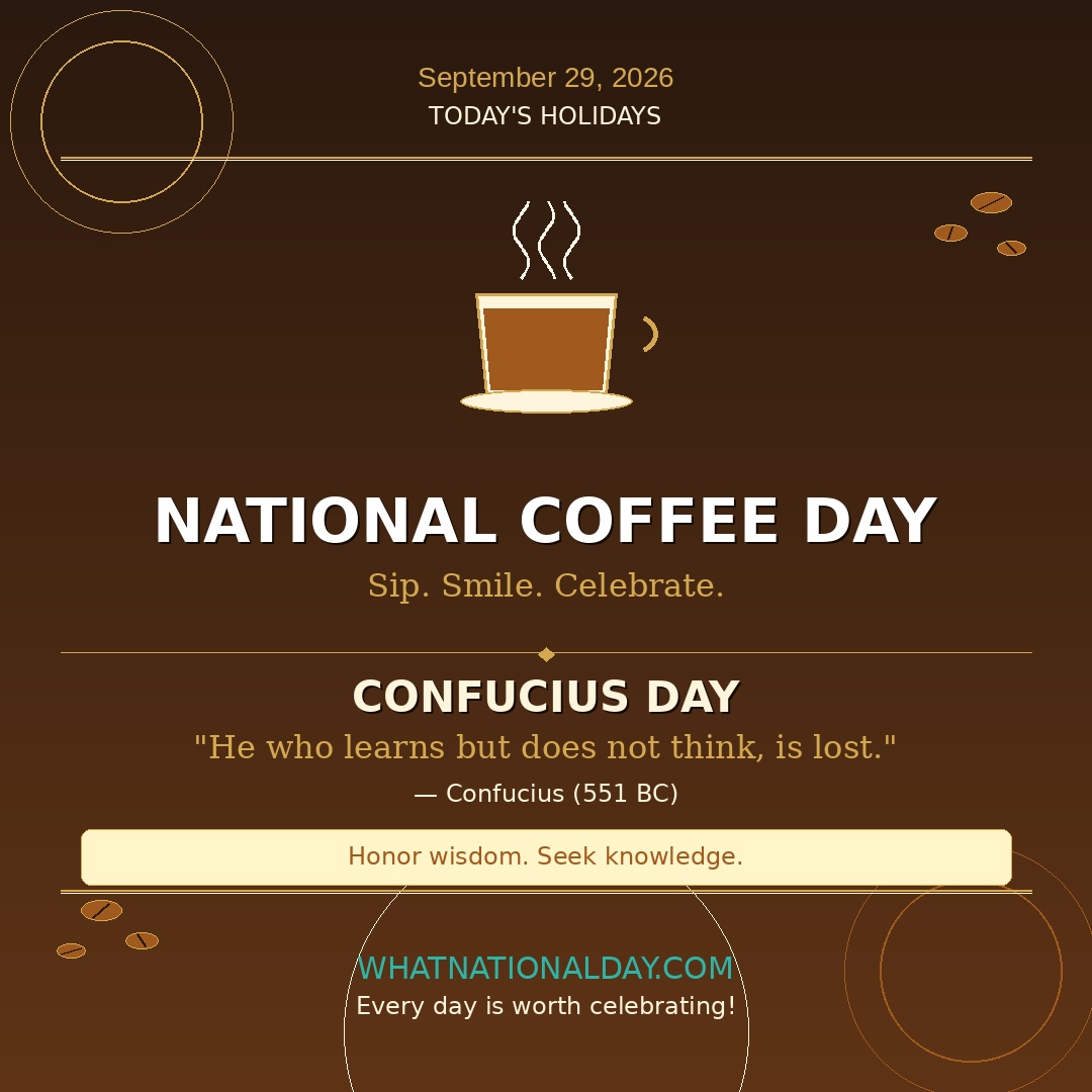 WhatNatlDay's tweet photo. ☕ Happy #NationalCoffeeDay!
Confucius said: "He who learns but does not think, is lost."
We say: try thinking before your first cup. We dare you. 😂
September 29 = the most relatable day on the calendar for office workers. ☕📚

→ https://t.co/WJEYTHneHA

#ConfuciusDay #Coffee https://t.co/Vq0KRpSmId